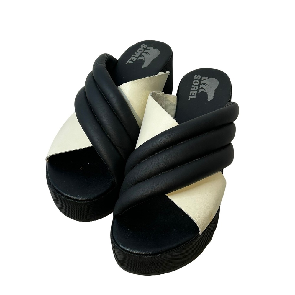 Sorel Cameron Puff Flatform Slide Womens 9 Black White Sandal